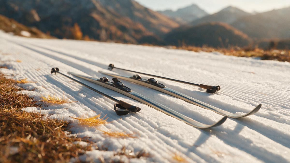 Skis de fond et bâtons posés sur une piste damée de neige conservée, bordée d'herbe d'automne et d'aiguilles de mélèze, montagnes au soleil du matin
