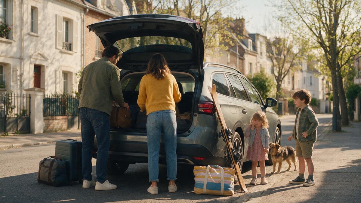 Famille chargeant le coffre de sa voiture un matin de départ en vacances : valises, sac de plage, une paire de skis, deux enfants et un chien dans une rue bordée d'arbres