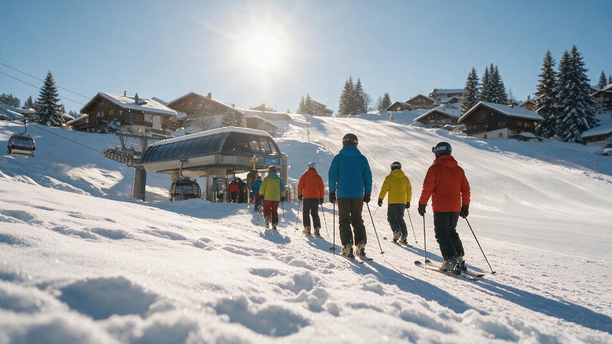 Pistes damées et remontées mécaniques d'une station de ski des Alpes le matin de l'ouverture, en décembre