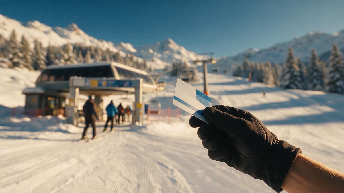 Main gantée tenant un forfait de ski devant le portique d'un télésiège, skieurs en file, pistes damées et sommets enneigés au soleil du matin