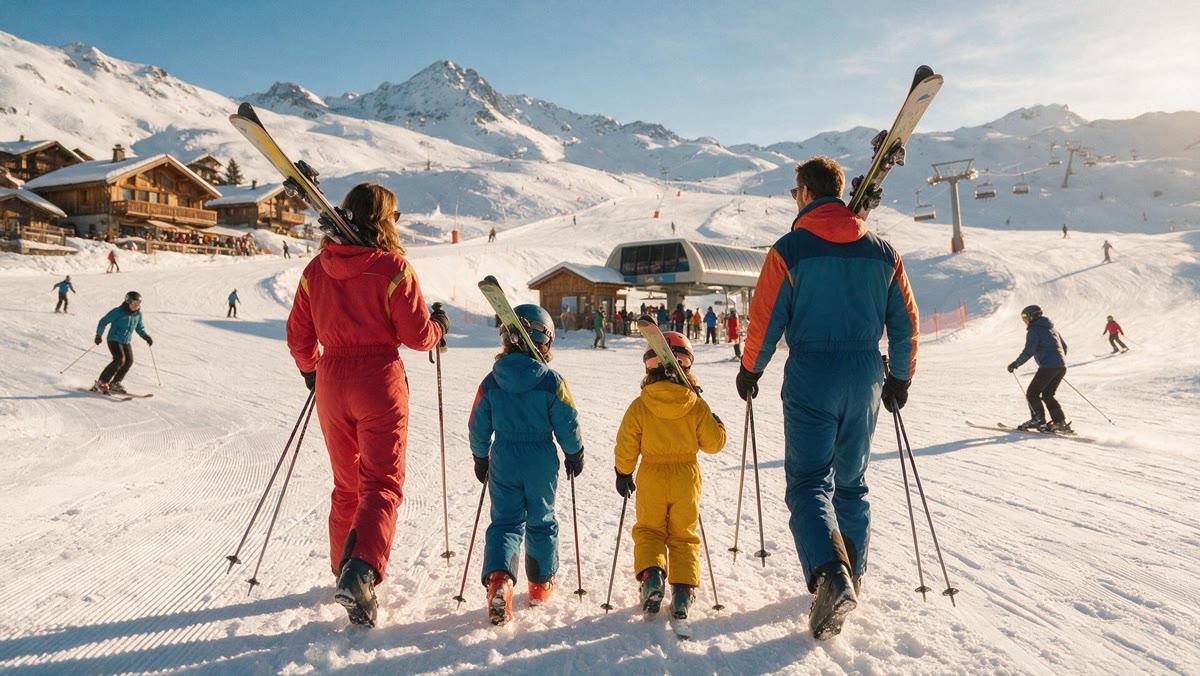 Famille de skieurs de dos, deux adultes et deux enfants, skis sur l'épaule, marchant vers le télésiège sur le front de neige d'une station des Alpes au soleil