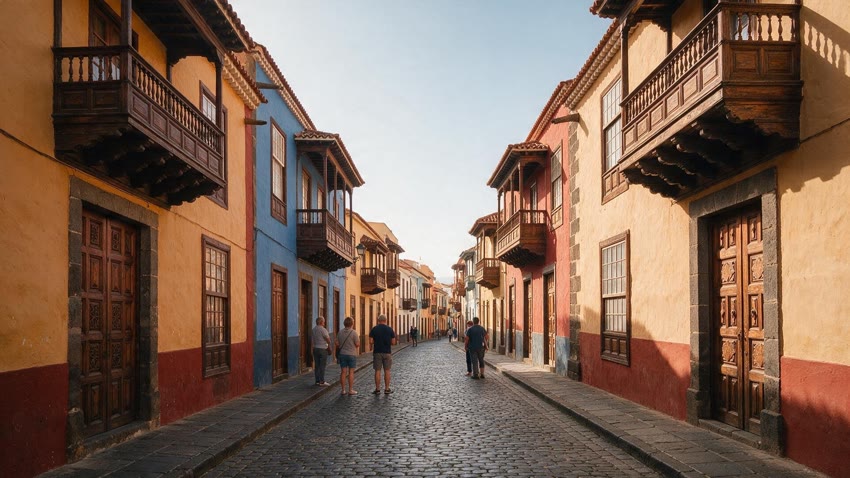 Rue pavée de San Cristóbal de La Laguna bordée de maisons coloniales colorées aux balcons de bois