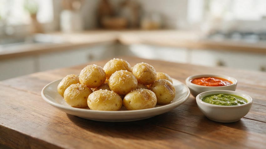 Papas arrugadas, petites pommes de terre ridées au sel, servies avec du mojo rouge et du mojo vert