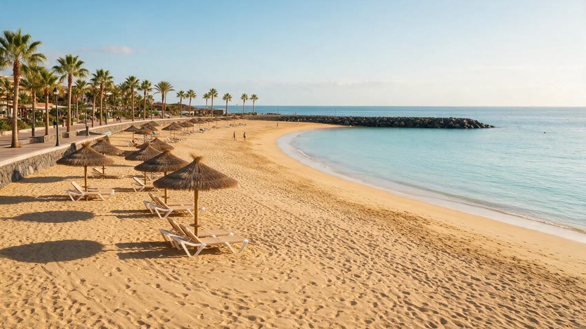 Plage de sable doré de Costa Adeje bordée de palmiers, transats et mer calme, à Tenerife