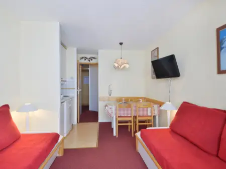 Location appartement à Belle Plagne, Studio skis aux pieds, animaux admis, vue pistes